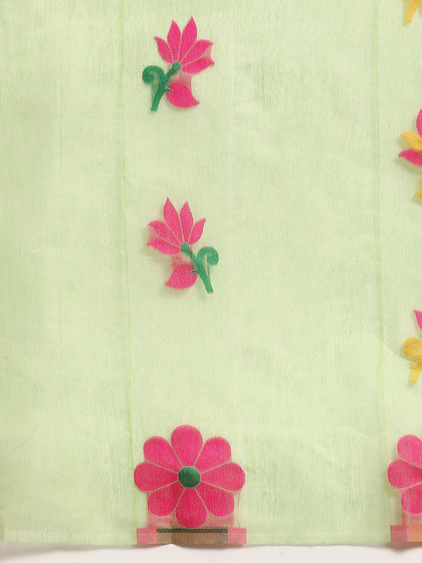 Green Pure Cotton Woven Zari Design Floral Saree with Unstitched Blouse - Hiral Fashion