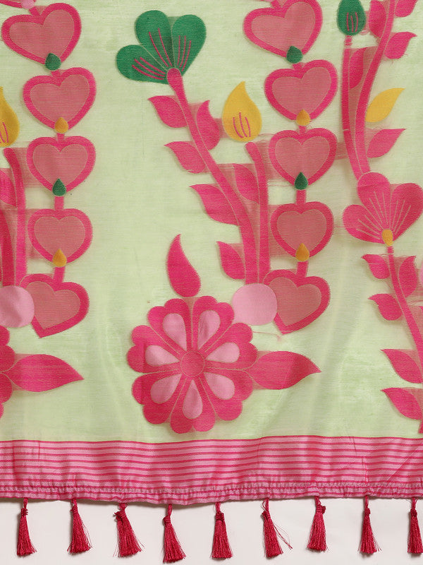 Green Pure Cotton Woven Zari Design Floral Saree with Unstitched Blouse - Hiral Fashion
