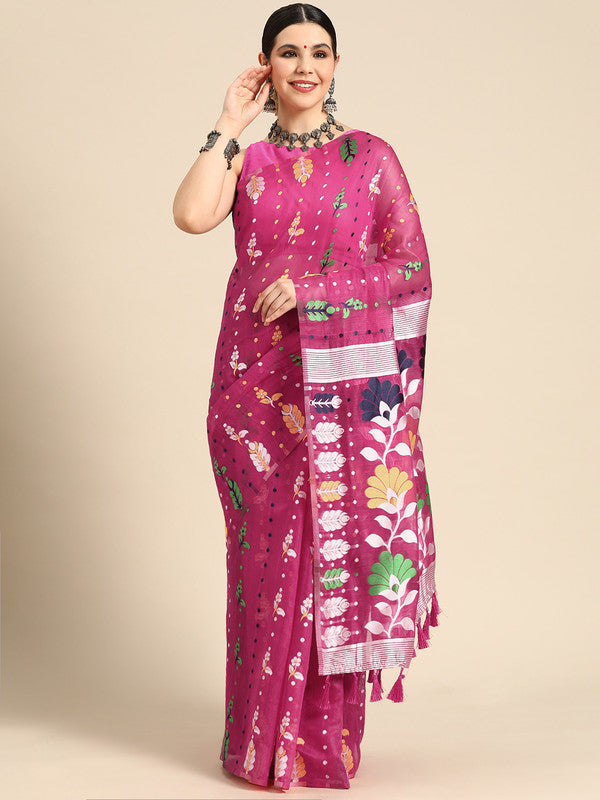 Magenta Pure Cotton Woven Zari Design Floral Saree with Unstitched Blouse - Hiral Fashion