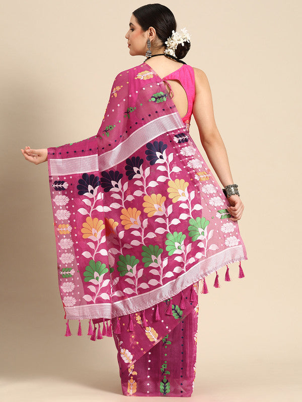 Magenta Pure Cotton Woven Zari Design Floral Saree with Unstitched Blouse - Hiral Fashion