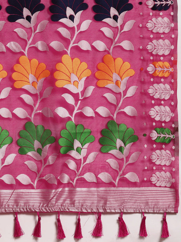 Magenta Pure Cotton Woven Zari Design Floral Saree with Unstitched Blouse - Hiral Fashion