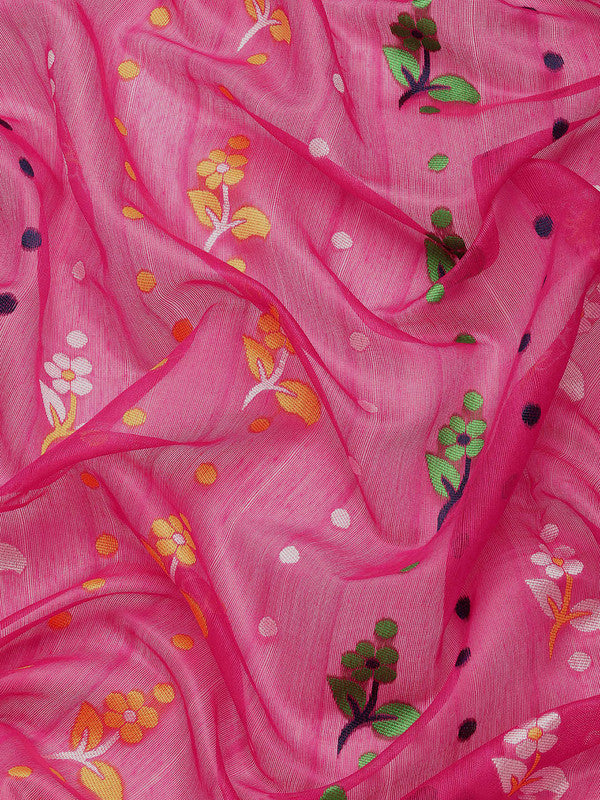 Magenta Pure Cotton Woven Zari Design Floral Saree with Unstitched Blouse - Hiral Fashion