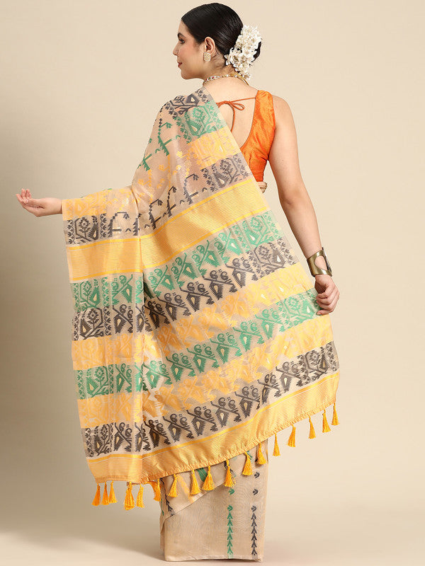 Multicolor Pure Cotton Woven Zari Design Geomatric Saree with Unstitched Blouse - Hiral Fashion