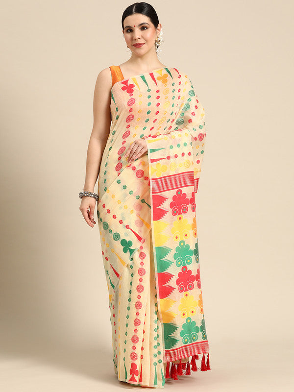 Beige Pure Cotton Woven Zari Design Floral Saree with Unstitched Blouse - Hiral Fashion