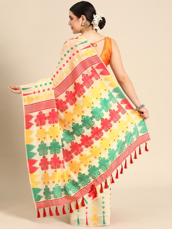Beige Pure Cotton Woven Zari Design Floral Saree with Unstitched Blouse - Hiral Fashion
