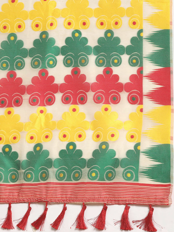 Beige Pure Cotton Woven Zari Design Floral Saree with Unstitched Blouse - Hiral Fashion