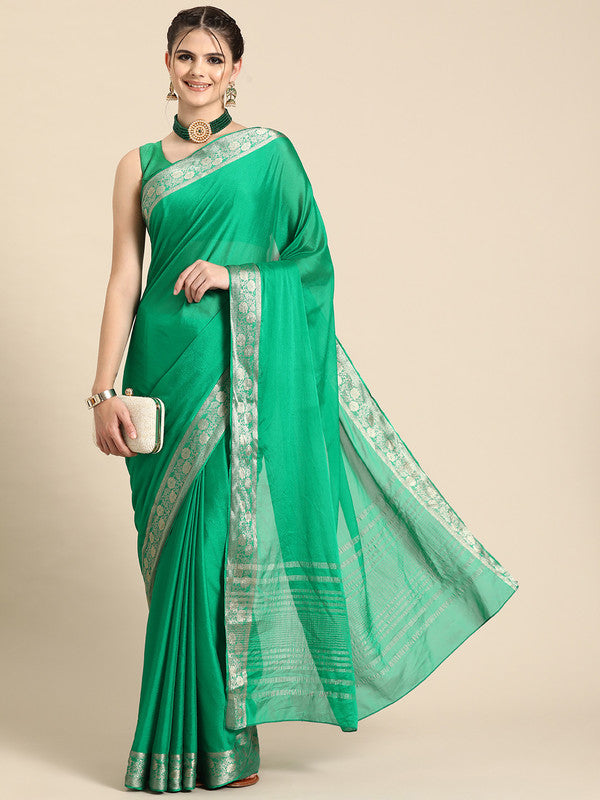 Green Pure Viscose Chinon Zari Woven Solid Saree with Unstitched Blouse - Hiral Fashion