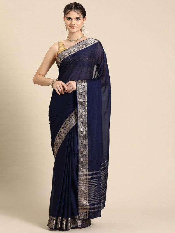 Navy Blue Pure Viscose Chinon Zari Woven Solid Saree with Unstitched Blouse - Hiral Fashion