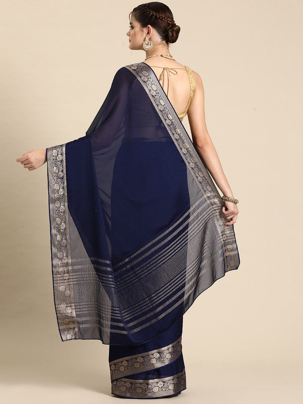 Navy Blue Pure Viscose Chinon Zari Woven Solid Saree with Unstitched Blouse - Hiral Fashion