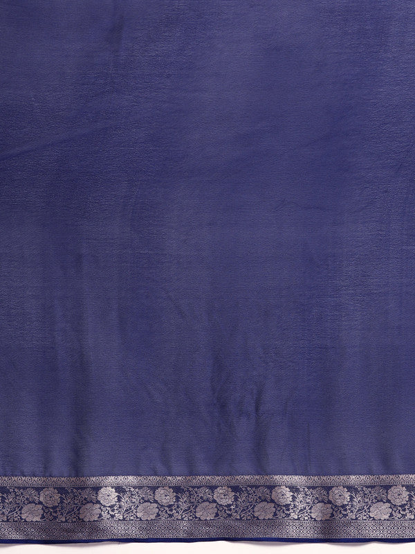 Navy Blue Pure Viscose Chinon Zari Woven Solid Saree with Unstitched Blouse - Hiral Fashion