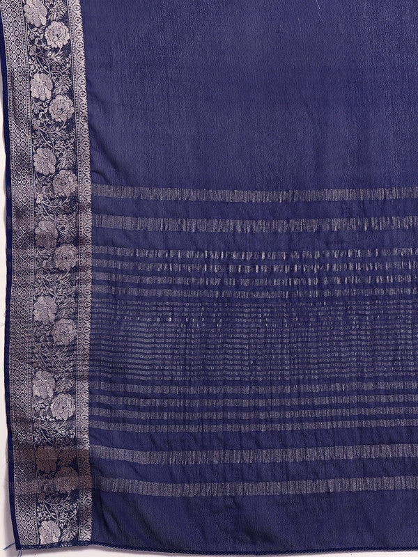 Navy Blue Pure Viscose Chinon Zari Woven Solid Saree with Unstitched Blouse - Hiral Fashion