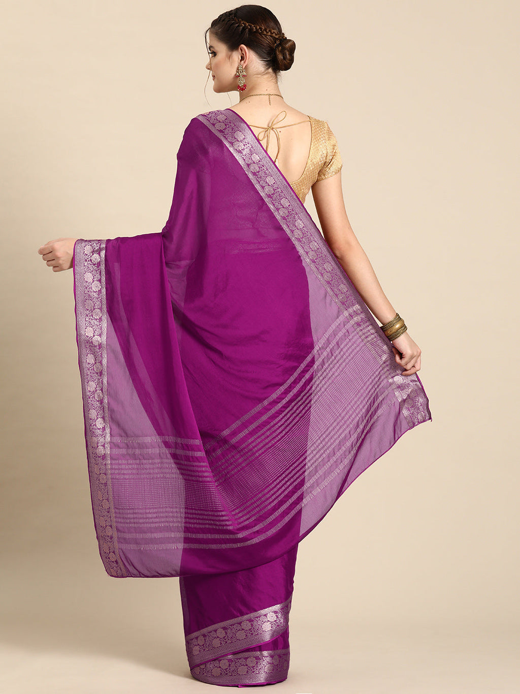 Purple Pure Viscose Chinon Zari Woven Solid Saree with Unstitched Blouse - Hiral Fashion