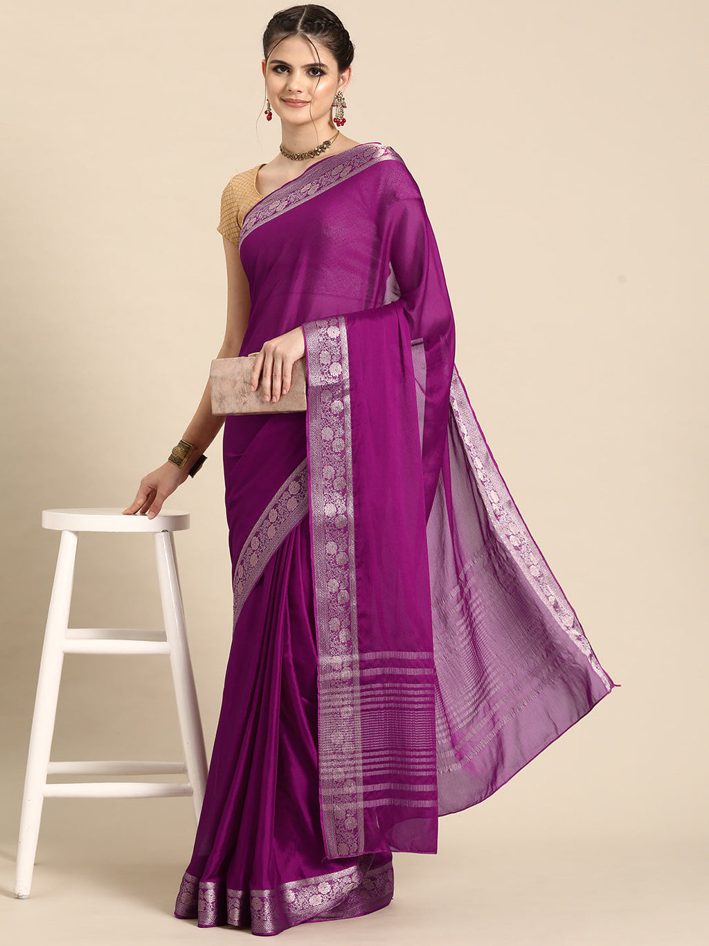 Purple Pure Viscose Chinon Zari Woven Solid Saree with Unstitched Blouse - Hiral Fashion