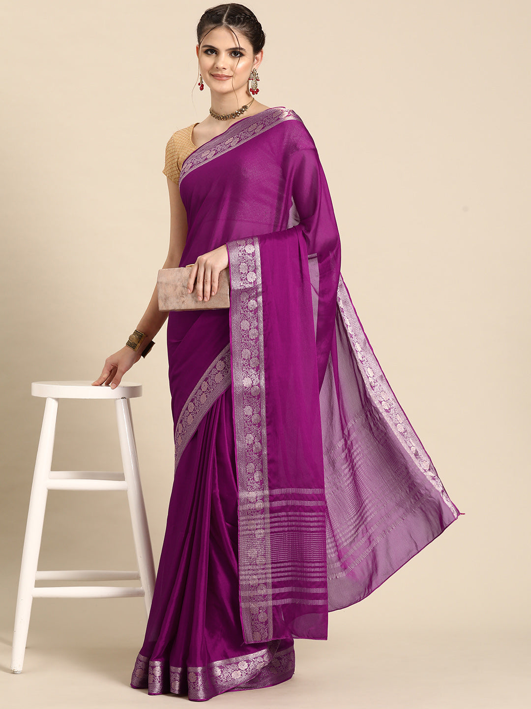Purple Pure Viscose Chinon Zari Woven Solid Saree with Unstitched Blouse - Hiral Fashion