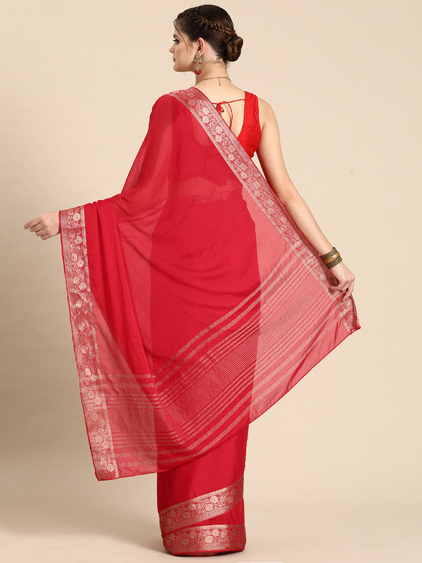 Red Pure Viscose Chinon Zari Woven Solid Saree with Unstitched Blouse - Hiral Fashion