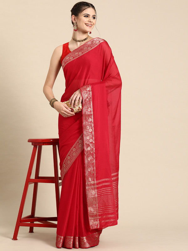 Red Pure Viscose Chinon Zari Woven Solid Saree with Unstitched Blouse - Hiral Fashion