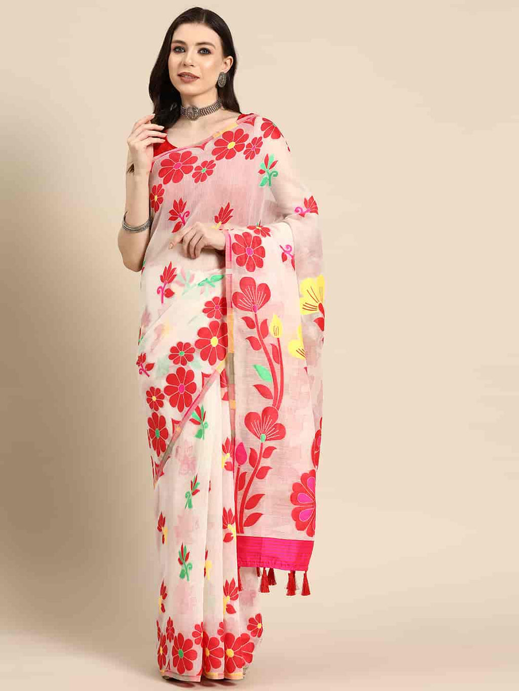 Off White Pure Cotton Woven Zari Design Floral Saree with Unstitched Blouse - Hiral Fashion