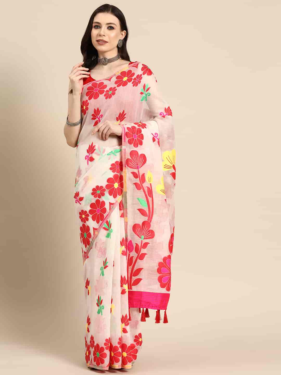 Off White Pure Cotton Woven Zari Design Floral Saree with Unstitched Blouse - Hiral Fashion