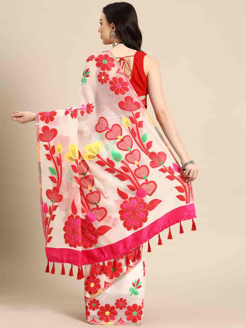 Off White Pure Cotton Woven Zari Design Floral Saree with Unstitched Blouse - Hiral Fashion