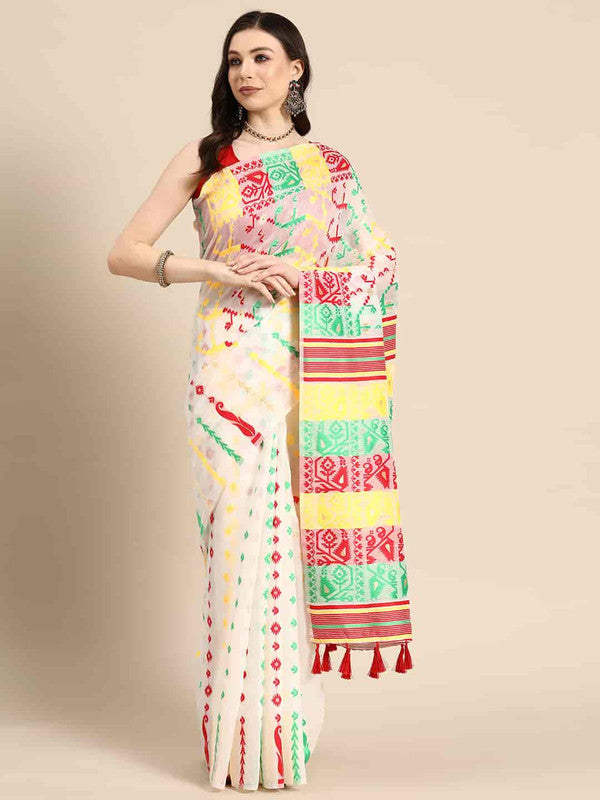 Off White Pure Cotton Woven Zari Design Floral Saree with Unstitched Blouse - Hiral Fashion