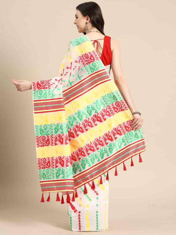 Off White Pure Cotton Woven Zari Design Floral Saree with Unstitched Blouse - Hiral Fashion