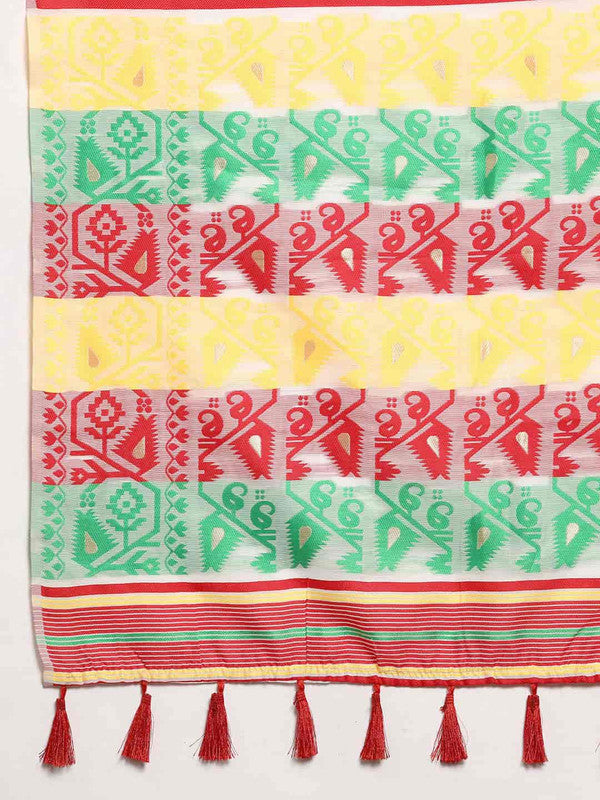 Off White Pure Cotton Woven Zari Design Floral Saree with Unstitched Blouse - Hiral Fashion