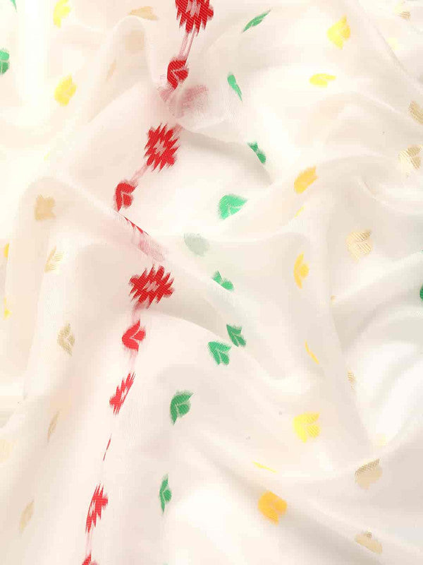 Off White Pure Cotton Woven Zari Design Floral Saree with Unstitched Blouse - Hiral Fashion