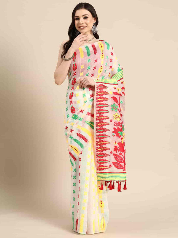 Off White Pure Cotton Woven Zari Design Floral Saree with Unstitched Blouse - Hiral Fashion