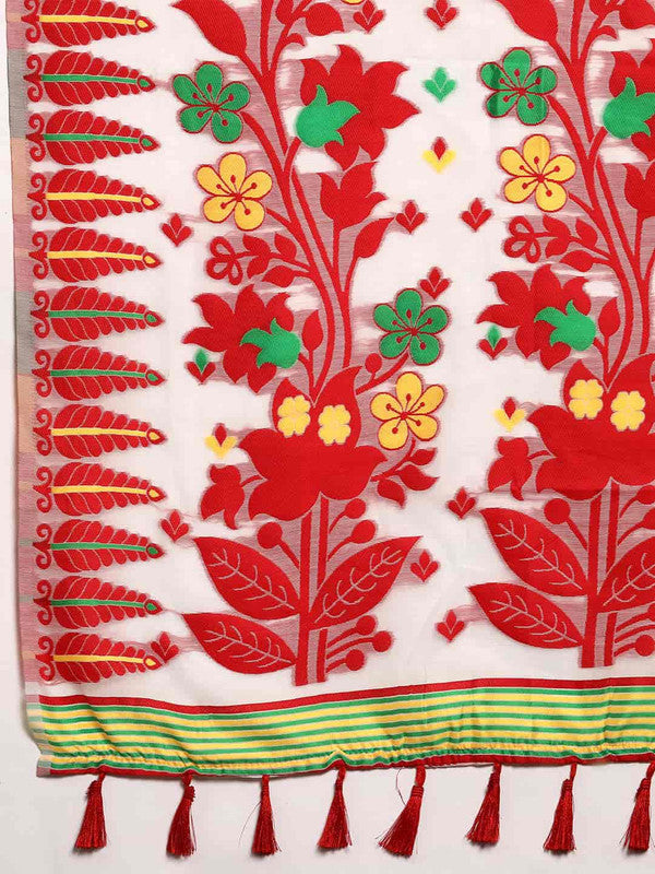 Off White Pure Cotton Woven Zari Design Floral Saree with Unstitched Blouse - Hiral Fashion
