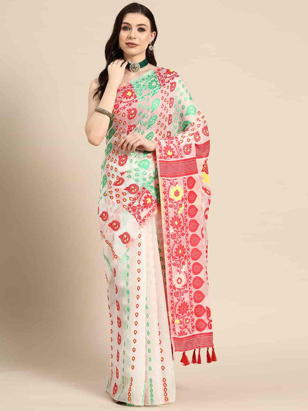 Off White Pure Cotton Woven Zari Design Floral Saree with Unstitched Blouse - Hiral Fashion
