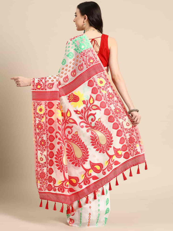 Off White Pure Cotton Woven Zari Design Floral Saree with Unstitched Blouse - Hiral Fashion