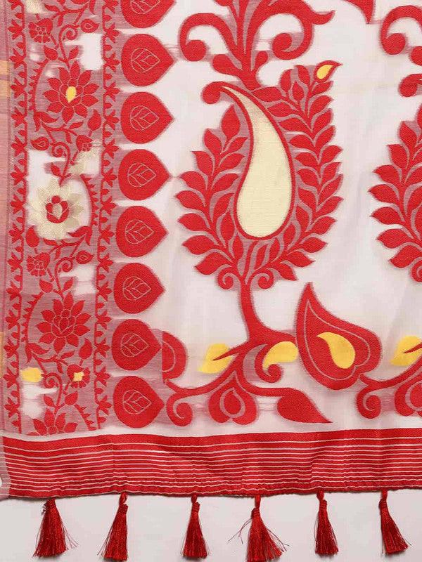 Off White Pure Cotton Woven Zari Design Floral Saree with Unstitched Blouse - Hiral Fashion