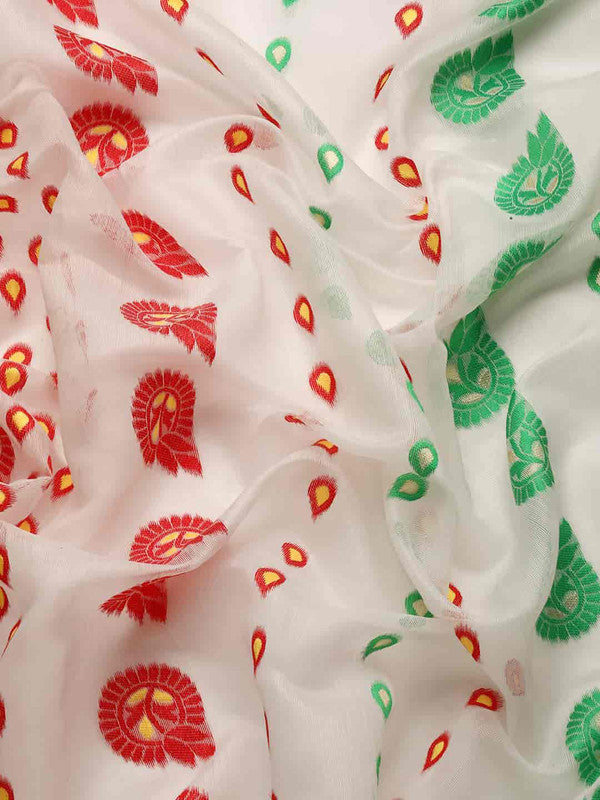 Off White Pure Cotton Woven Zari Design Floral Saree with Unstitched Blouse - Hiral Fashion