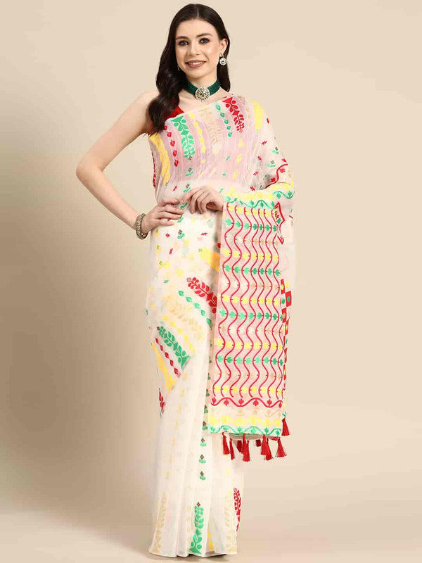 Off White Pure Cotton Woven Zari Design Floral Saree with Unstitched Blouse - Hiral Fashion