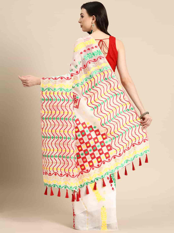 Off White Pure Cotton Woven Zari Design Floral Saree with Unstitched Blouse - Hiral Fashion