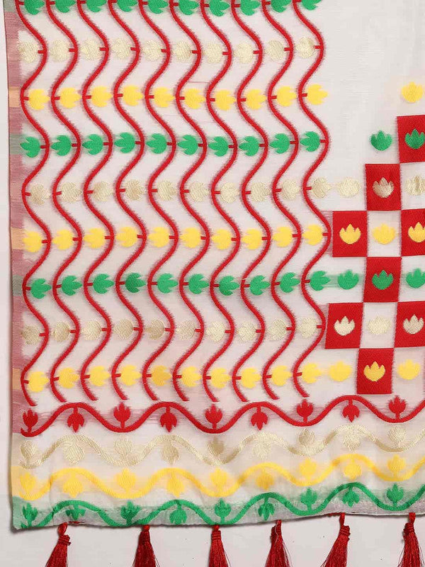 Off White Pure Cotton Woven Zari Design Floral Saree with Unstitched Blouse - Hiral Fashion