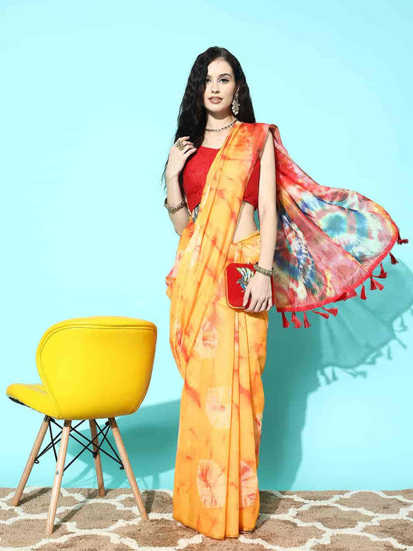 Mustard Organza Printed Tie and Dye Saree with Unstitched Blouse - Hiral Fashion
