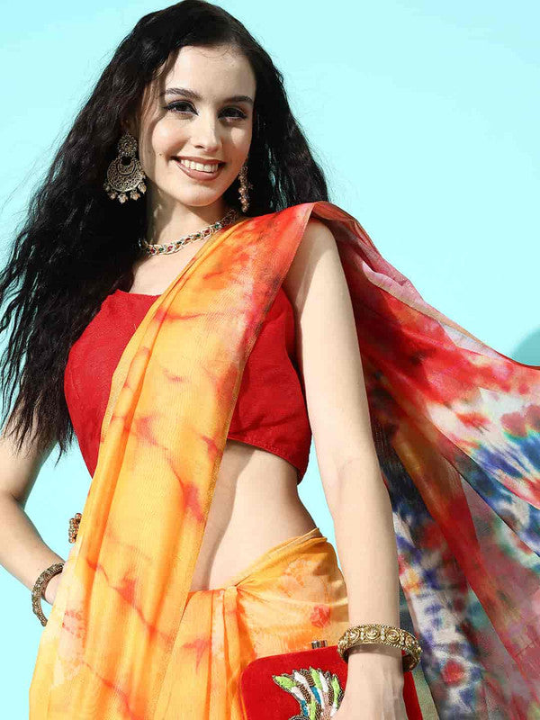 Mustard Organza Printed Tie and Dye Saree with Unstitched Blouse - Hiral Fashion