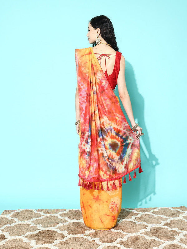 Mustard Organza Printed Tie and Dye Saree with Unstitched Blouse - Hiral Fashion