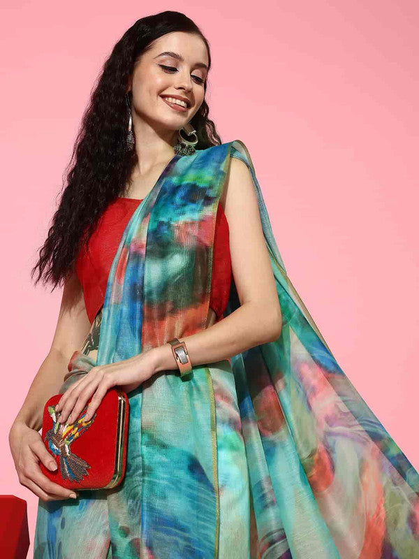 Multicolor Organza Printed Tie and Dye Saree with Unstitched Blouse - Hiral Fashion