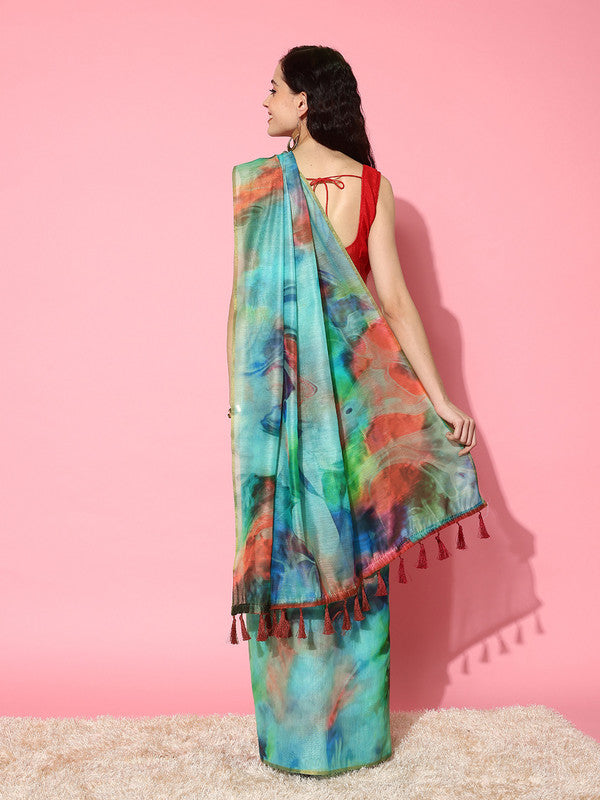 Multicolor Organza Printed Tie and Dye Saree with Unstitched Blouse - Hiral Fashion