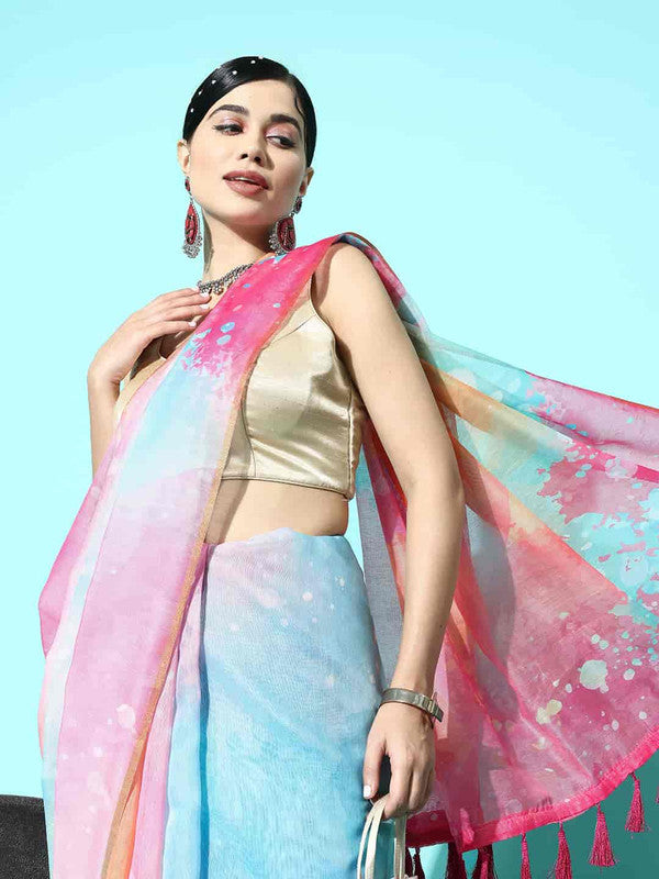 Pink Organza Printed Tie and Dye Saree with Unstitched Blouse - Hiral Fashion