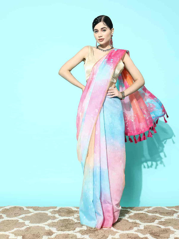 Pink Organza Printed Tie and Dye Saree with Unstitched Blouse - Hiral Fashion