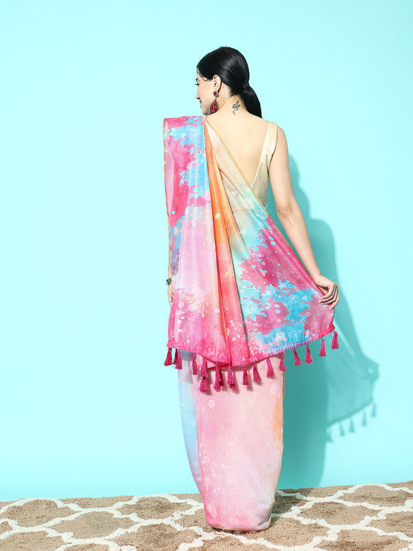 Pink Organza Printed Tie and Dye Saree with Unstitched Blouse - Hiral Fashion