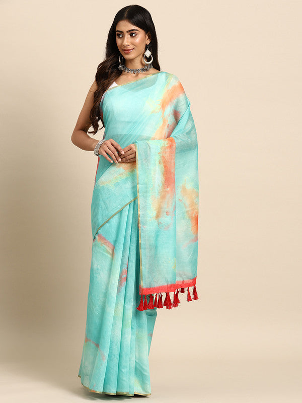 Green Organza Printed Tie and Dye Saree with Unstitched Blouse - Hiral Fashion