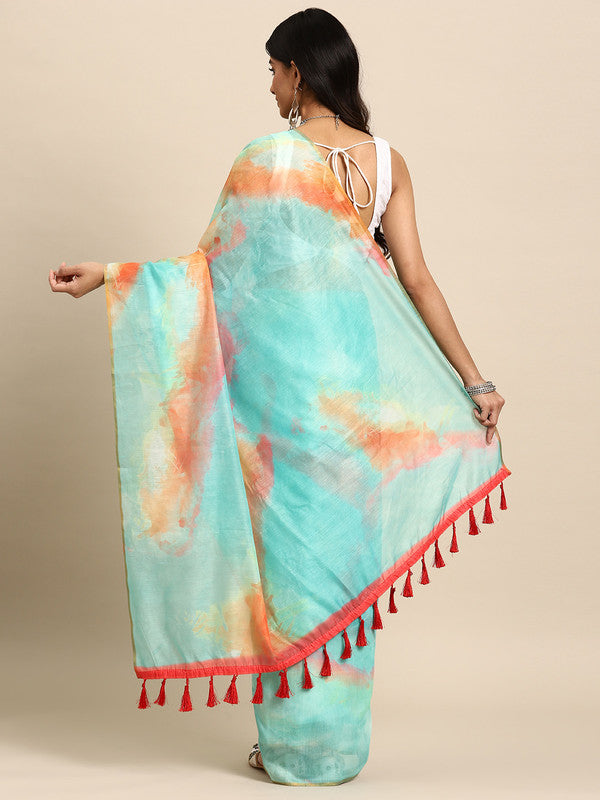 Green Organza Printed Tie and Dye Saree with Unstitched Blouse - Hiral Fashion