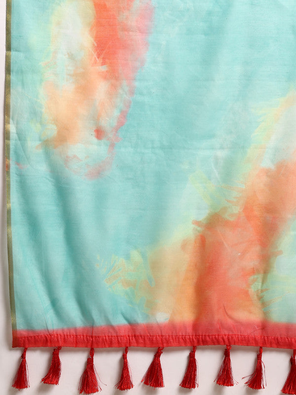 Green Organza Printed Tie and Dye Saree with Unstitched Blouse - Hiral Fashion