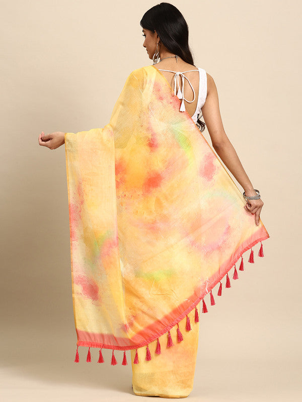 Yellow Organza Printed Tie and Dye Saree with Unstitched Blouse - Hiral Fashion