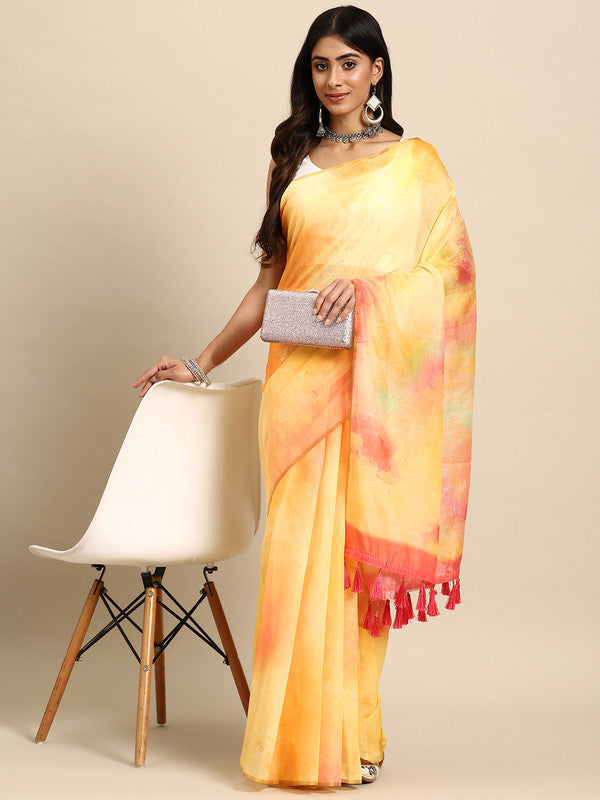 Yellow Organza Printed Tie and Dye Saree with Unstitched Blouse - Hiral Fashion
