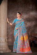 Blue Cotton Blend Woven Thread Floral Saree with Unstitched Blouse - Hiral Fashion